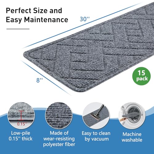 Non Slip Stair Treads for Wooden Steps,15 Pack 8" X 30" Stairs Carpet Treads Indoor with Reusable Peel and Stick Adhesive for Kids Elders and Pets