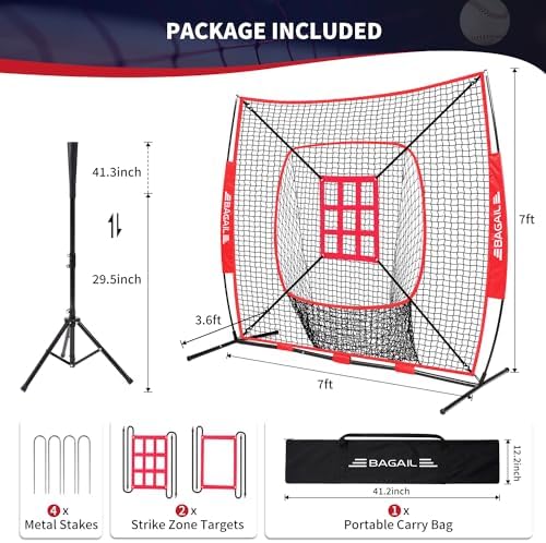BAGAIL 7x7 ft Baseball & Softball Practice Net with Bow Frame for Batting, Hitting, Pitching, Portable Baseball Throwing Net with 2 Strike Zone Batting Tee, Carry Bag, Great for All Levels