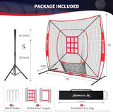 BAGAIL 7x7 ft Baseball & Softball Practice Net with Bow Frame for Batting, Hitting, Pitching, Portable Baseball Throwing Net with 2 Strike Zone Batting Tee, Carry Bag, Great for All Levels
