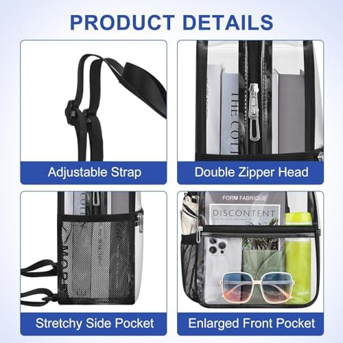 Clear Backpack Stadium Approved 12×12×6 Clear Mini Backpack Small Transparent Backpack for Concert, Beach, Work, Travel & Sporting（Black）