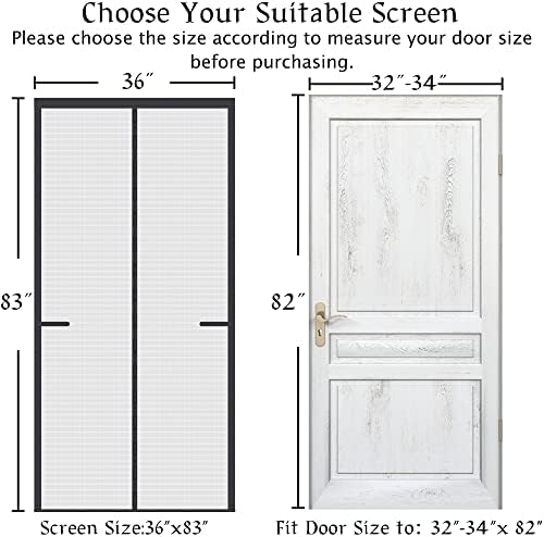Upgraded Magnetic Screen Door Thicker 250g/m² Reinforced Mesh,36 Longer Magnets,Door Screen Magnetic Closure for Single Front Door,Retractable Sliding Screen Door,Fit Doors to 34 x 82 Inch,Black