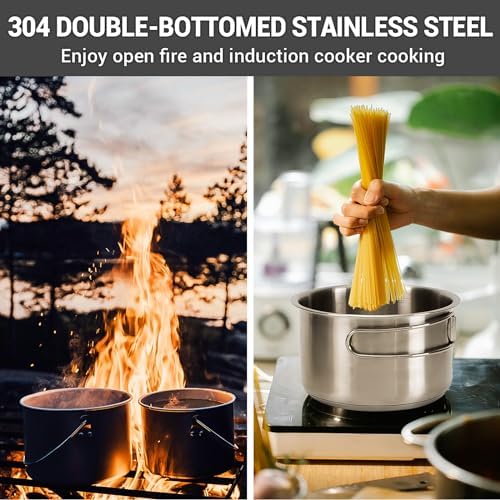 KingCamp Camping Cookware Set 304 Stainless Steel Campfire Cooking Pots Pan and Kettle with Travel Tote Bag for Camping Outdoor Kitchen Cooking Picnic for 4-6