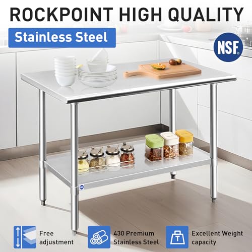 ROCKPOINT Stainless Steel Table for Prep & Work 24x36 Inches, NSF Metal Commercial Kitchen Heavy Duty Table with Adjustable Under Shelf and Table Foot for Restaurant, Home and Hotel