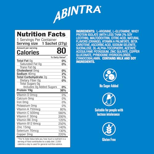 ABINTRA Specialized Wound Healing Nutritional Supplement includes L-Arginine, L-Glutamine, Whey Protein, Vitamins and Minerals, Orange Flavor, 6 Packets, 27g Each, Made in The USA