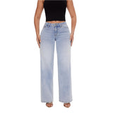 ONESO Mid-Low Rise Baggy Jeans Wide Leg for Women Distressed Pants Stretchy Bottom Lady Basic Comfortable Denim (US, Numeric, 27, Regular, Regular, Mid Low-Light Blue)