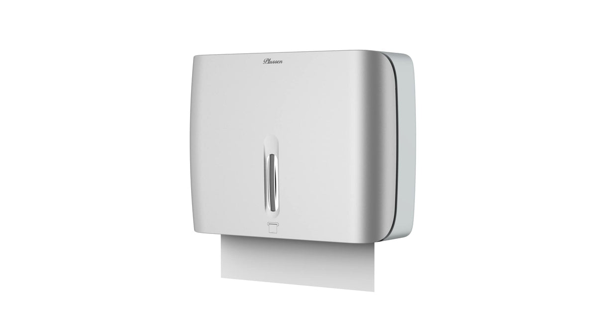 PLUSSEN Paper Towel Dispenser Wall Mount Commercial & Home Use ABS Matte Silver Gray with Window Holds 200 C/Z/Multi-Fold Towels Includes Hardware & Key Bathroom Paper Towel Holder