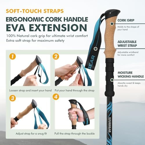 KINGGEAR TPC 100% Carbon Fiber Hiking Poles, Telescopic Retractable Nordic Trekking Poles, Ultra Lightweight Nordic Walking Stick, Metal Flip Locks, Cork and Extended EVA Handle
