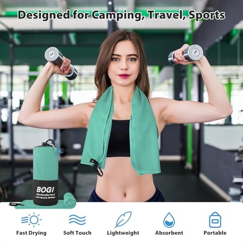 BOGI Microfiber Travel Sports Towel-Quick Dry Travel Soft Lightweight Absorbent Compact Sports Towel for Camping Gym Beach Bath Yoga Swimming Backpacking (L:60''x30''+16''x16''-Mint)