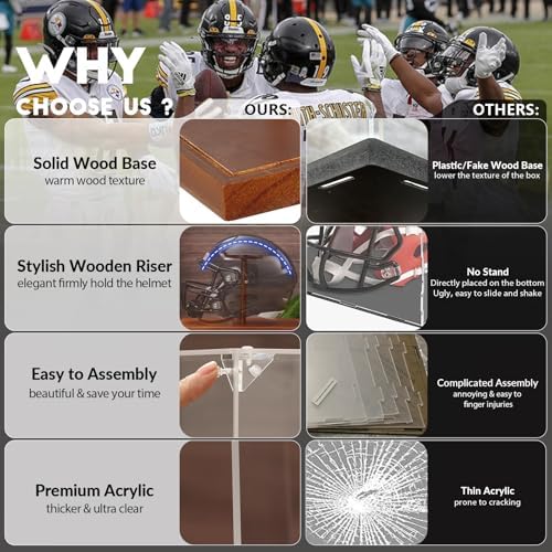 JupDec Football Helmet Display Case, Full Size Acrylic Baseball Motorcycle Helmet Showcase, UV Protection Souvenirs and Collectibles Box with Solid Wood Base & Riser, Ideal Gift for Sports Enthusiast