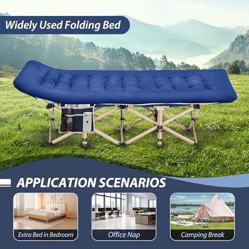 Folding Camping Cot for Sleeping, Portable Cots for Adults, Heavy Duty Cot Bed 550LBS(Max Load), Extra Wider Cots with Large Pocket for Outdoor, Office, Beach