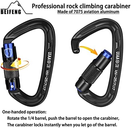 25KN Auto Locking Carabiner - UIAA Certified Heavy Duty Climbing Carabiners for Rock Climbing, Camping, Rappelling, Hunting, Rescue Equipment - Professional Carabiner Clips (Black)