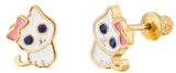 18k Gold Plated Screw Back Kitten Stud Hypoallergenic Earrings for Kids, Baby, Toddler, Little Girls with Surgical Steel Post for Ultra Sensitive Ears with Secure Safety Screwback (Gold Toned Kitten)