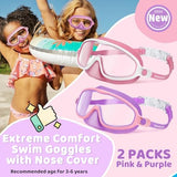 Vvinca 2 Pcs Kids-Swim-Goggles with Nose Cover, Swimming Diving Mask Wide View Anti Fog UV Anti Shattered Lens for Kids 3-6