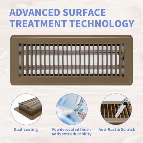 4" x 12" Floor Register 2 Pack - Heavy Duty Steel Walkable Floor Vents - Easy Adjust Air Supply Lever - Vent Covers for Home (Brown)