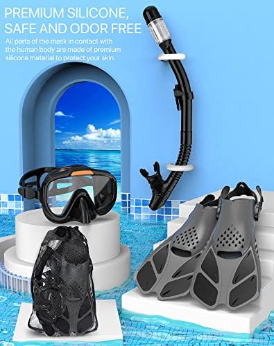 Snorkeling Gear for Adults Men Women,4 in 1 Snorkel Set with Panoramic View Diving Mask Anti-Fog Anti-Leak,Dry Top Snorkel,Fins and Travel Bag for Swimming,Snorkeling and Travel Diving