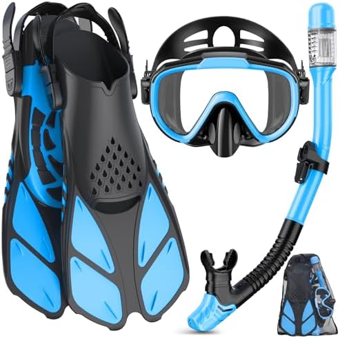 Snorkeling Gear for Adults Men Women,4 in 1 Snorkel Set with Panoramic View Diving Mask Anti-Fog Anti-Leak,Dry Top Snorkel,Fins and Travel Bag for Swimming,Snorkeling and Travel Diving