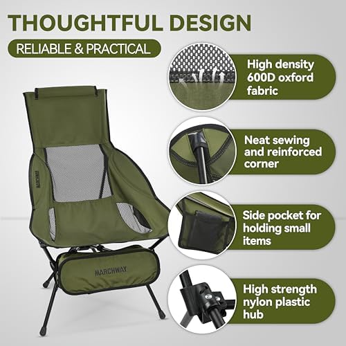 MARCHWAY Lightweight Folding High Back Camping Chair with Head Support, Stable Portable Compact for Outdoor Camp, Travel, Beach, Picnic, Festival, Hiking, Backpacking (Highback Green)