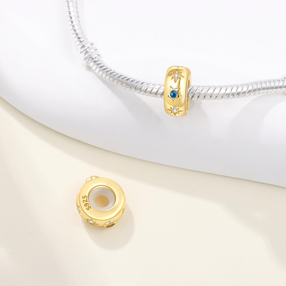 PANPOKI Spacer Stopper Beads for Bracelets & Necklaces, 925 Sterling Silver Beads | Smooth & Pave Cubic Zirconia (White, Blue, 18K Gold Plated) | Anti-Slide Separator Charms S925 Women Jewelry (2Pcs Gold Star Spacer)
