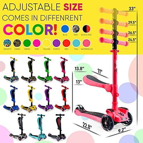 Hurtle 3-Wheeled Scooter for Kids - Wheel LED Lights, Adjustable Lean-to-Steer Handlebar, and Foldable Seat - Sit or Stand Ride with Brake for Boys and Girls Ages 1-14 Years Old