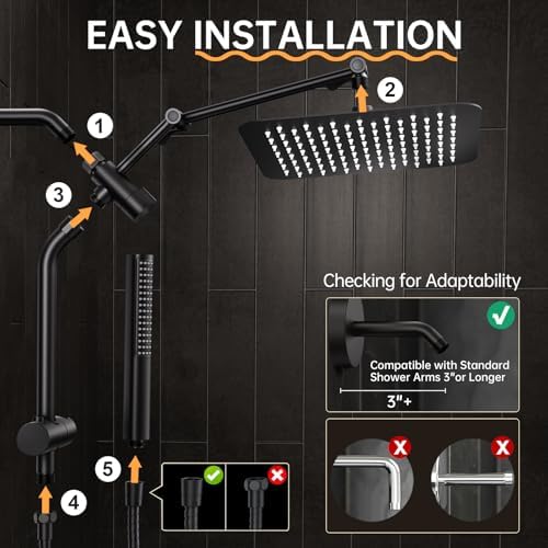 Veken 10" Luxurious All Metal Rain Shower Head with Handheld Spray Combo, High Pressure Rainfall Square Shower Heads with Extension Arm, Wide Dual Showerhead, Bathroom Accessories, Matte Black