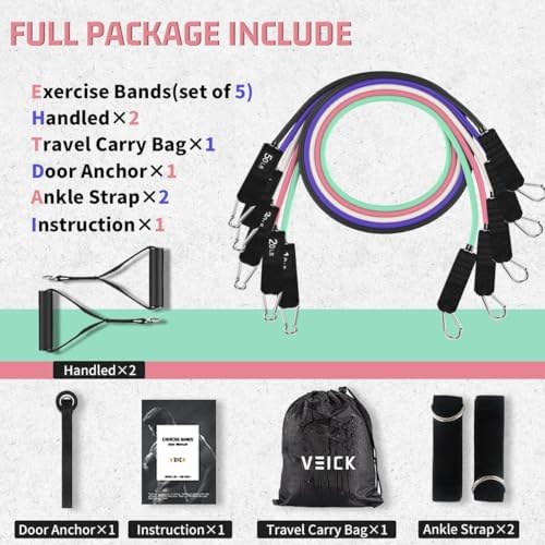 VEICK Resistance Bands, Exercise Bands, Workout Bands Set for Working Out with Handles for Men Women, Elastic Exercising Bands for Fitness Weights Work Out at Home Gym