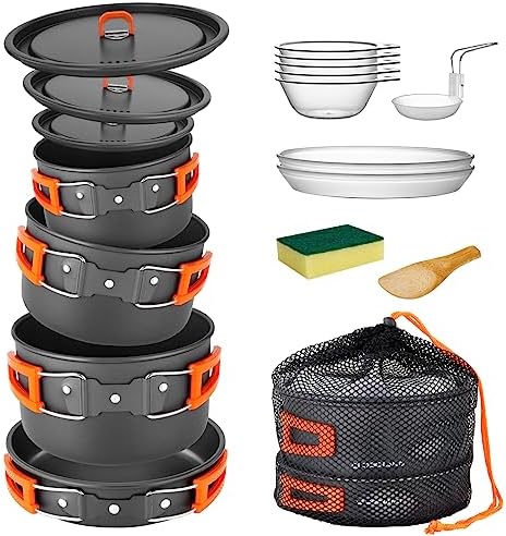 Odoland 15pcs Camping Cookware Non-Stick Lightweight Camping Pots and Pans Set with Plastic Plates Bowls Soup Spoon for Camping, Backpacking, Outdoor Cooking and Picnic