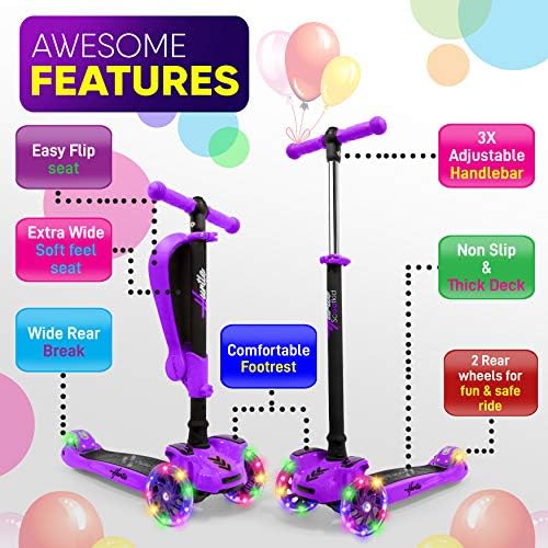 Hurtle 3-Wheeled Scooter for Kids - Wheel LED Lights, Adjustable Lean-to-Steer Handlebar, and Foldable Seat - Sit or Stand Ride with Brake for Boys and Girls Ages 1-14 Years Old