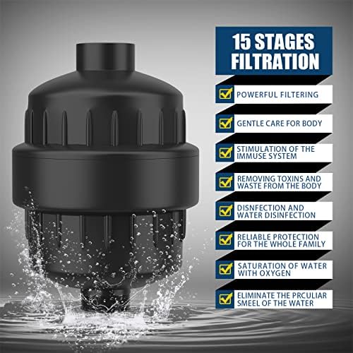 FEELSO Shower Head and 15 Stage Shower Filter Combo, High Pressure 5 Spray Settings Filtered Showerhead with Water Softener Filter Cartridge for Hard Water Remove Chlorine and Harmful Substances