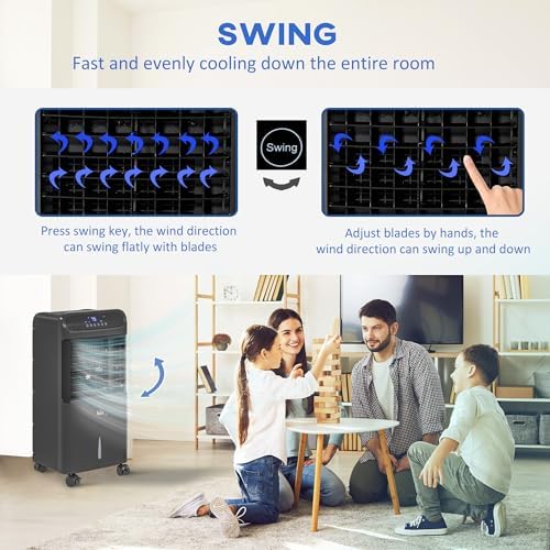 HOMCOM 32" Evaporative Air Cooler, 60° Oscillating, 3-In-1 Ice Cooling Fan, Portable Swamp Cooler with Humidifier, Water Tank for Home Office, 3 Modes, 3 Speeds, 12H Timer, Remote, Black