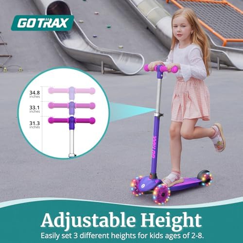 Gotrax KS1 Kids Kick Scooter, LED Lighted Wheels and 3 Adjustable Height Handlebars, Lean-to-Steer & Widen Anti-Slip Deck, 3 Wheel Scooter for Boys & Girls Ages 2-8 and up to 100 Lbs