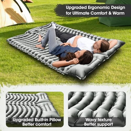Double Sleeping Pad Self-Inflating 4" Thick for 2 Person Camping - Built-in Foot Pump, Ergonomic Pillow & Ultra-Portable Design for Backpacking, Hiking, Tent Use
