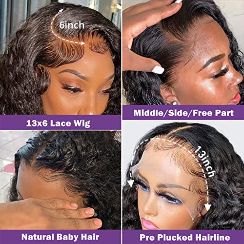 13x6 Deep Wave Lace Front Wigs Human Hair Curly Hd Transparent Lace Frontal Wig for Women Wet and Wavy Glueless Wigs Pre Plucked with Baby Hair Brazilian Hair 180% Density Natural Black 22 Inch