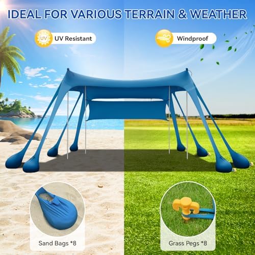 Beach Tent Sun Shelter & Portable Beach Canopy UPF80+ Uv Protection, Beach Shade Canopy/Cabana with 8 Sandbags, 4 Stability Poles, Sand Shovel Ground Pegs for Outdoor Camping(10x10ft, Navy Blue)