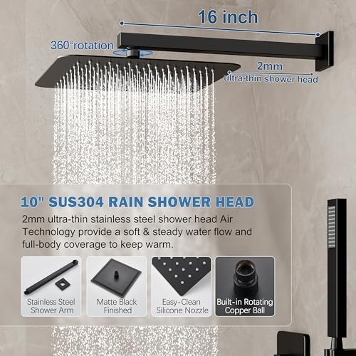 Black Shower System, Shower Faucet Set with 10-Inch Rain Showerhead and Handheld Spray, Wall Mounted High-Pressure Showerhead Combo Set Included Valve and Trim, Matte Black