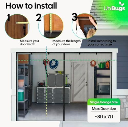 UnBugs Garage Screen Doors for 1 Car Garage - Fits Single Garage Doors up to 9 Feet Wide x 7 Feet Tall MAX - Pet & Kid Friendly, Self-Closing - Hands Free Magnet Closure Keeps Bugs Out & Breeze in