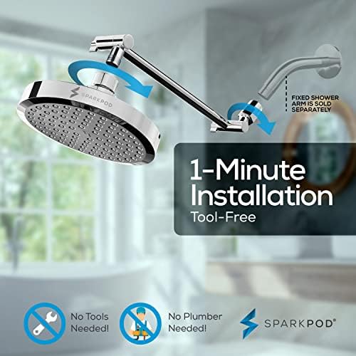 SparkPod Round Rain Shower Head with Extension Arm - Height Adjustable Shower Head with High Pressure Performance - Easy 1-Minute Installation (11" Arm Extension, Luxury Polished Chrome)