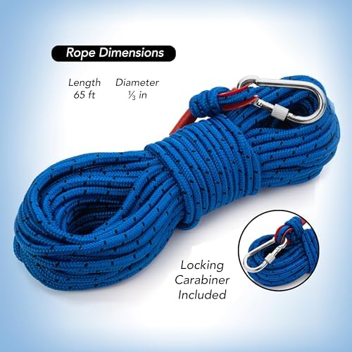 Loreso Strong Magnet Fishing Rope Carabiner, Camping Rope - Heavy Duty 1200 lb Strength All Purpose Ropes, 1/3 Inch Reinforced Polyester Line, Outdoor Rope for Camping, Hiking, Boating & Caving - 65ft