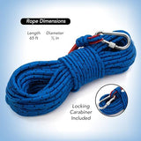 Loreso Strong Magnet Fishing Rope Carabiner, Camping Rope - Heavy Duty 1200 lb Strength All Purpose Ropes, 1/3 Inch Reinforced Polyester Line, Outdoor Rope for Camping, Hiking, Boating & Caving - 65ft