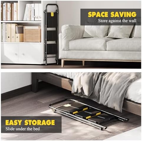 KINGRACK 3 Step Ladder, Sturdy Steel Step Stool with Safe-Lock Design, Handrail, Anti-Slip Wide Pedals, Pass 800lbs Load Testing, Folding Portable Ladder for Multi-Purpose, Home, Kitchen, Black