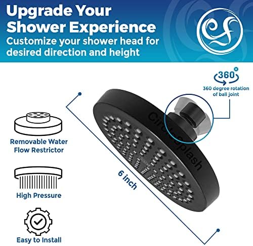 High Pressure Shower Head - Anti-Clogging Silicone Nozzles - 2.5 GPM Removable Restrictor - Easy to Clean Adjustable Replacement - easy to install with Plumbers Tape - 6 inch - Matte Black Finish