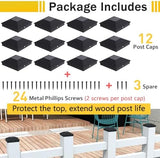 Goovilla 4x4 Post Caps Black(Actual 3.5" x 3.5"), 12 Pack Fence Post Caps with 24 Screws and Easy Installation, Sturdy Waterproof Plastic Deck Post Caps with Frosted Finishing Touch, Protect Wood Post