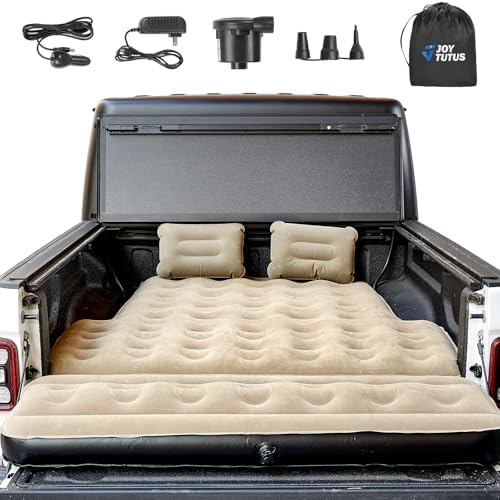 JOYTUTUS 5-5.2Ft Truck Bed Air Mattress with Removable Tailgate Extension, Compatible with Tacoma&Ranger,Thickened Inflatable Compact Short Truck Beds, with Air Pump&2 Pillows,Camel&Black