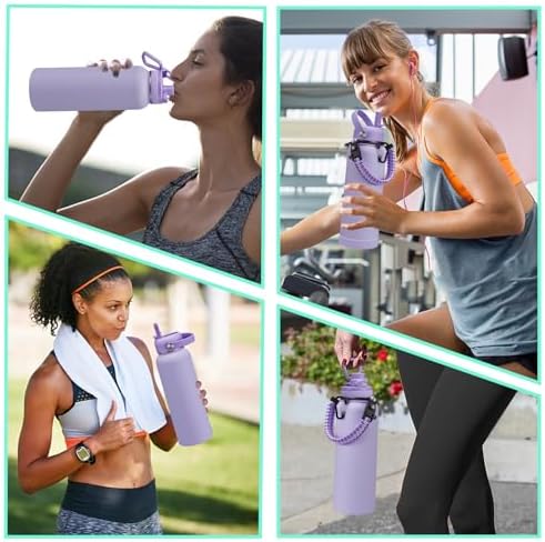 40 oz Water Bottle with Straw - Insulated Vacuum Water Flask with Straw & Auto Spout Lid, Paracord Handle & Carrying Pouch, Keep Cold 48H Hot 24H, Sweat-Proof Thermal Water Jug with Strap for Hiking