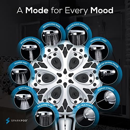 SparkPod 10-Mode Handheld Shower Head with Filter - 5" High Pressure Filtered Shower Head with Touch-to-Clean Nozzles, Built-In Power Jet, Stainless Steel 6ft Hose & Bracket (Polished Chrome)