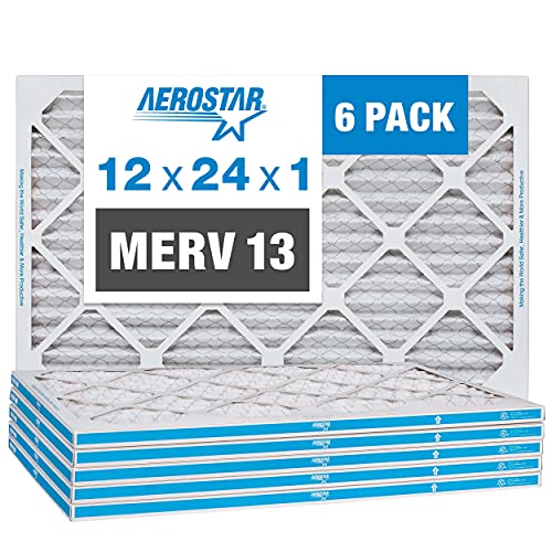 Aerostar 12x24x1 MERV 13 Pleated Air Filter, AC Furnace Air Filter, 6 Pack (Actual Size: 11 3/4" x 23 3/4" x 3/4")