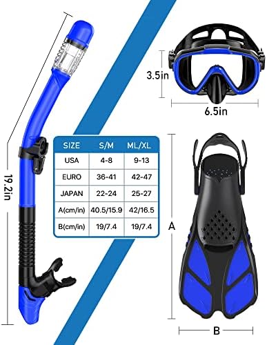 Snorkeling Gear for Adults Men Women,4 in 1 Snorkel Set with Panoramic View Diving Mask Anti-Fog Anti-Leak,Dry Top Snorkel,Fins and Travel Bag for Swimming,Snorkeling and Travel Diving