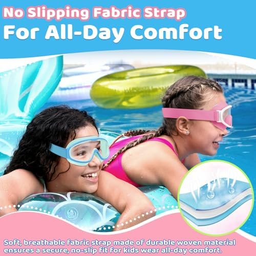 Vvinca Kids Goggles with Comfort Fabric Strap, Kids Swim Goggles Wide View Anti-Fog/UV No Leaking Swimming Goggles for 3-14