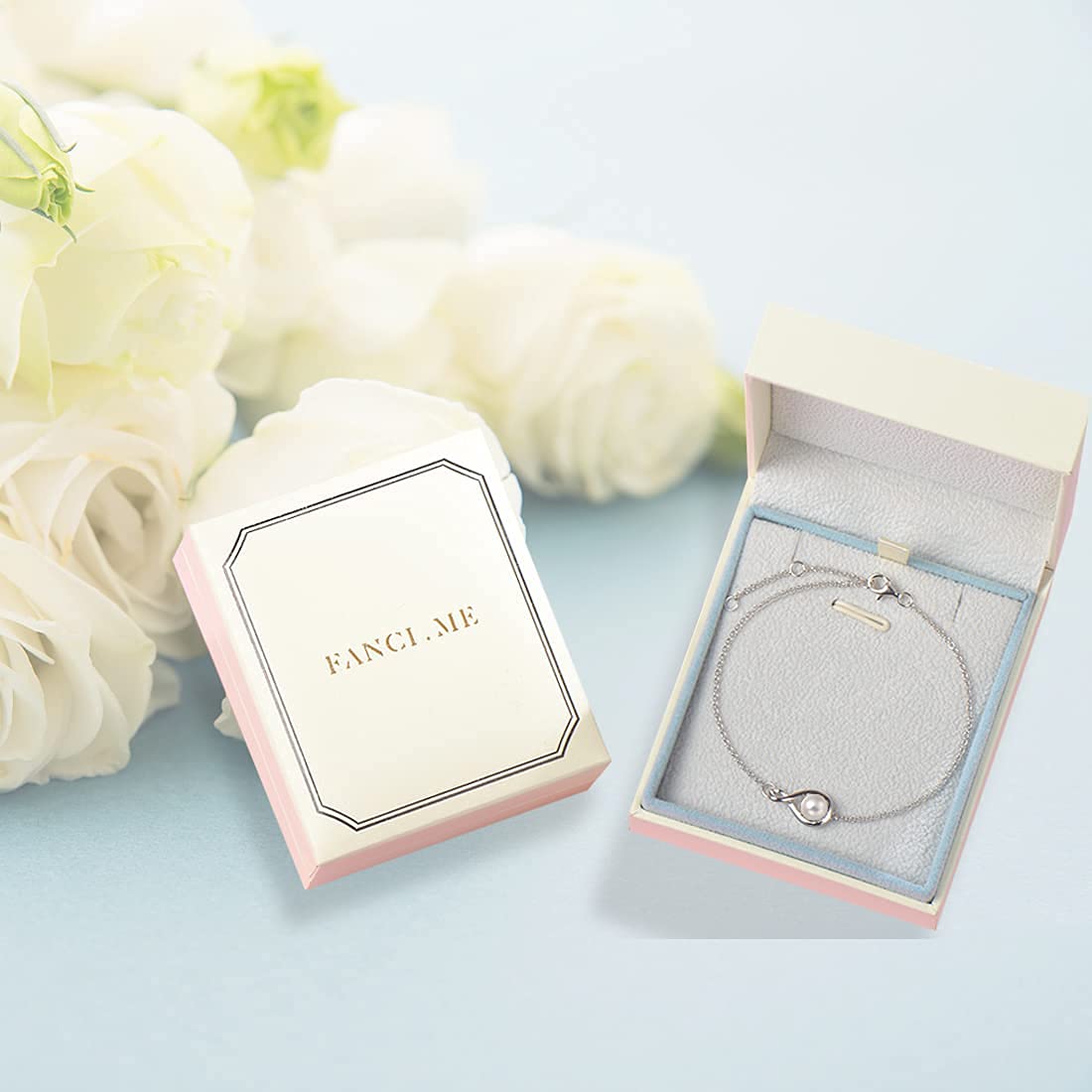 FANCIME White Pearl Bracelets June Birthstone Bracelet for Women Sterling Silver Infinity Link Bracelet Fine Jewelry Anniversary Birthday Mothers Day Gifts for Mom Her, Chain 6.7+1.2"