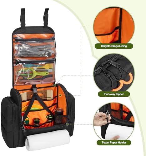 Large Tactical Camping Kitchen Organizer, Hanging Cookware Storage Bag with Paper Towel Holder & Multi Pockets, Portable Camp Utensil Organizer for BBQ Cooking Essentials, Black, Bag Only
