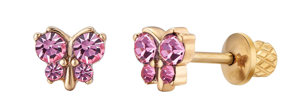 Reggetta Jewelry - Hypoallergenic 18k Gold Plated Butterfly Stud Earrings for Girls, Stainless Steel, with Safety Backs, Pink